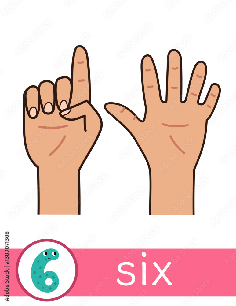 Fototapeta premium Learning number 6 flashcard for kids. Finger counting flash card for preschool. Vector illustration