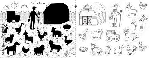 On the farm cut and glue game in outline with cute animals and their names. Educational black and white activity page for kids. Matching game with farm characters. Vector illustration