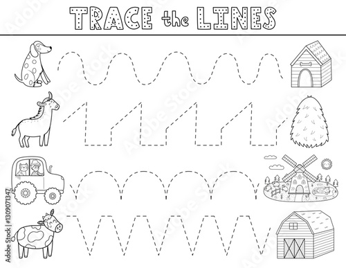 Trace the lines activity page in outline with cute farm animals. Handwriting practice black and white worksheet for kids. Educational game for preschool. Vector illustration