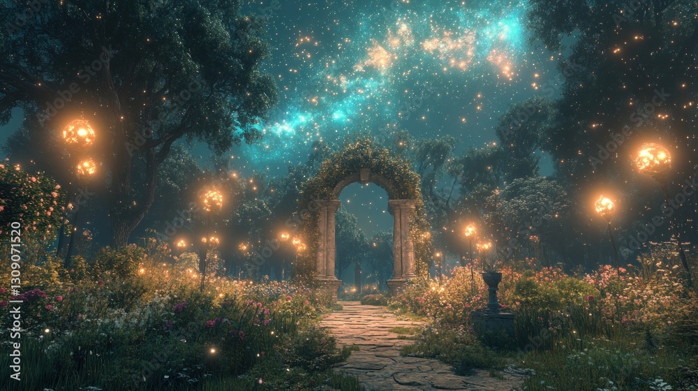 Fototapeta premium Enchanted Garden Path Under a Starry Night