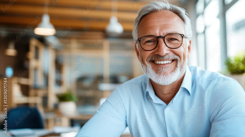 Fototapeta premium Middle-aged man enjoys engaging conversation in bright office setting