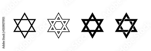 Geometric star designs: simple, hexagonal, intertwined variations. Vector icon