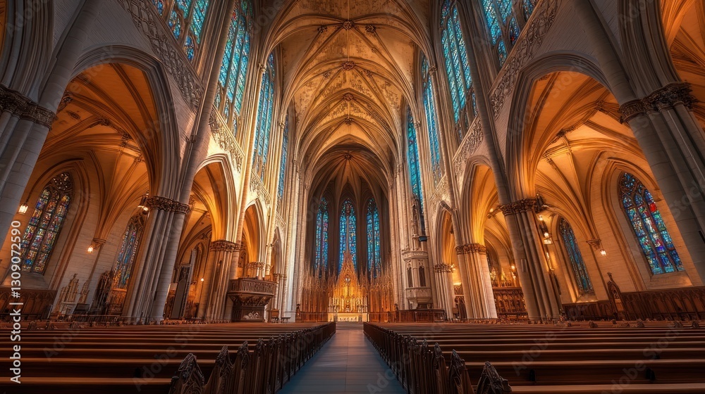 Fototapeta premium Grand gothic cathedral interior featuring stained-glass windows and architectural arches