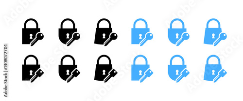 Pattern of black and blue padlocks with keys on a white background. Vector icon