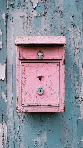 Vintage pink mailbox on weathered wall