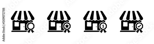 Four black and white storefront icons with award ribbons in different styles. Vector icon