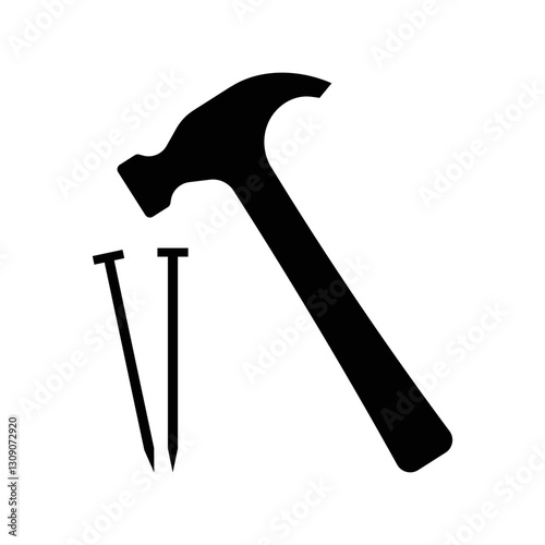 Black silhouette of hammer and two nails on white background. Vector icon