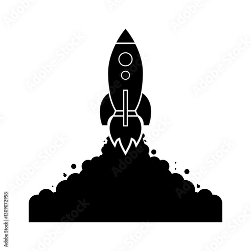 Silhouette of rocket launching with smoke trail on white background. Vector icon