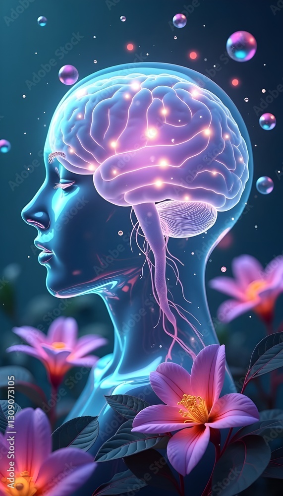A 3D animated character representing a minimalist concept for World Mental Health Day, focusing on a translucent smiling face viewed from the side.