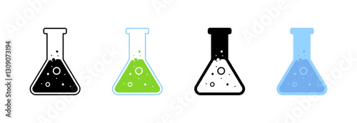 Colorful chemistry beakers with bubbles on white background. Vector icon