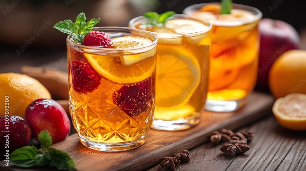 Refreshing fruit punch cocktails with lemon, raspberries, and mint