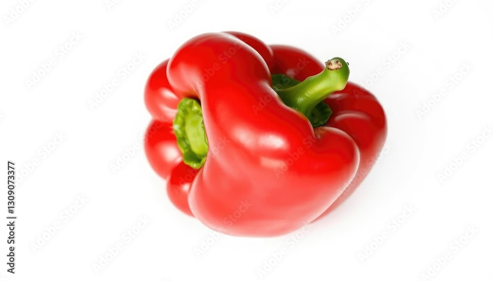 Single vibrant red bell pepper, perfectly smooth skin, isolated on pure white, ingredient, paprika Single vibrant red bell pepper, perfectly smooth skin, isolated on pure white, ingredient, paprika