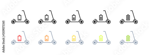 Electric scooter battery icon set with charging indicators in various colors and styles. Vector icon