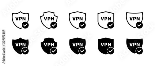 Set of vpn shield icons with checkmarks in black and white. Vector icon