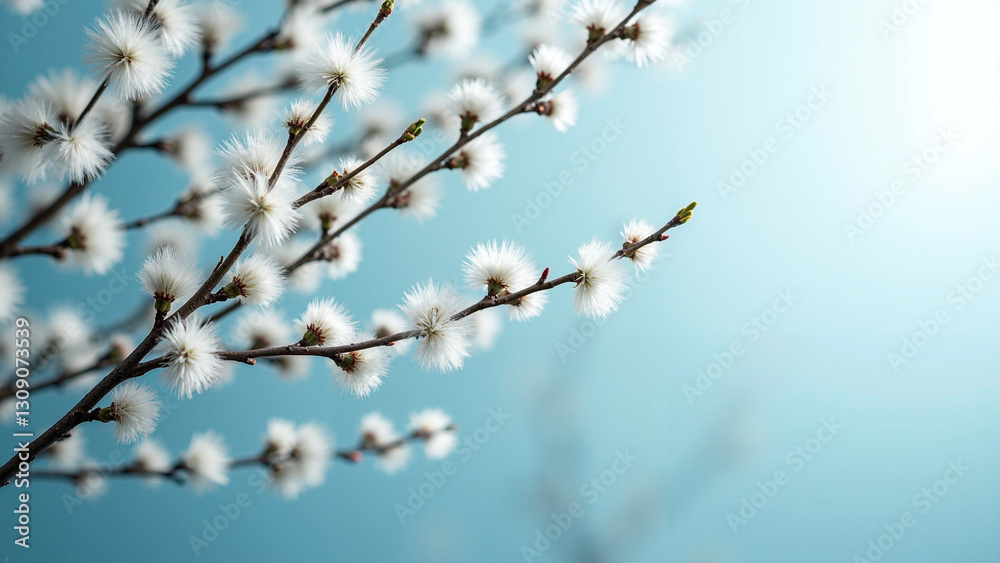 Enchanting Willow Catkins in Bloom: Ethereal Spring Close-up with Soft Blue Toning for Easter Marketing and Nature-Themed Campaigns Enchanting Willow Catkins in Bloom: Ethereal Spring Close-up with Soft Blue Toning for Easter Marketing and Nature-Themed Campaigns