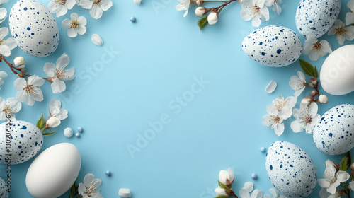 Wallpaper Mural Elegant frame with white and blue speckled Easter eggs, cherry blossoms on a blue background. Minimalist spring template for greeting cards, banners, festive designs. Top view, flat lay, copy space. Torontodigital.ca