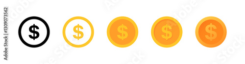 Currency symbols progression from monochrome to colorful coins. Vector icon