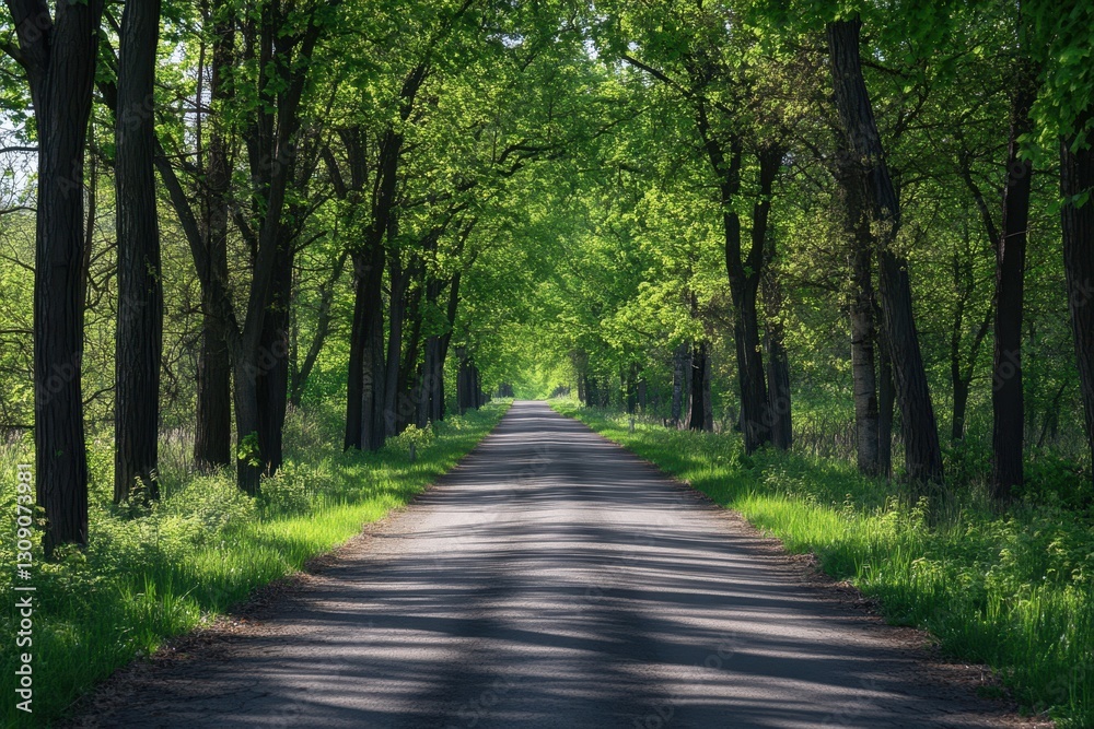 Lush tree-lined road inviting peaceful walks through nature in bright daylight Lush tree-lined road inviting peaceful walks through nature in bright daylight