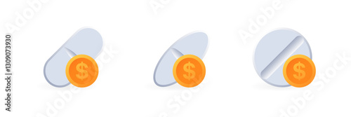 Pills with dollar symbols representing pharmaceutical costs and healthcare expenses. Vector icon