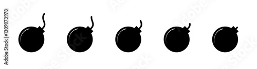 Row of five black bomb icons with lit fuses. Vector icon