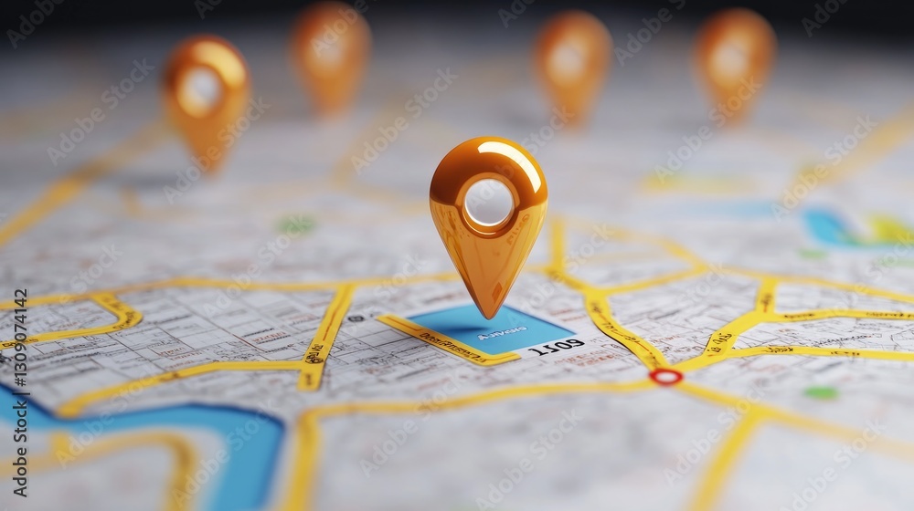 Golden Location Markers on a Detailed Map, Navigation, GPS, and Travel Concept Golden Location Markers on a Detailed Map, Navigation, GPS, and Travel Concept