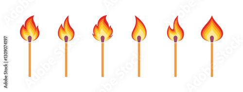 Illustration of six burning matches with vibrant flames in progression. Vector icon