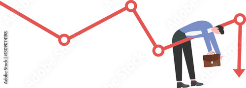 Business concept illustration of a stressed businessman sits down under downward arrow on chart

