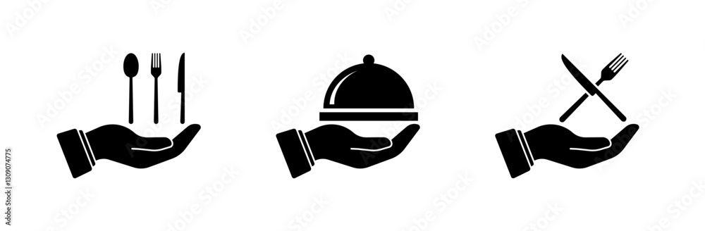Fototapeta premium Hand icons with cutlery and cloche: black and white hospitality symbols. Vector icon
