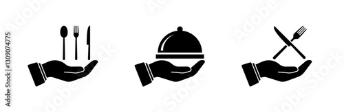 Hand icons with cutlery and cloche: black and white hospitality symbols. Vector icon