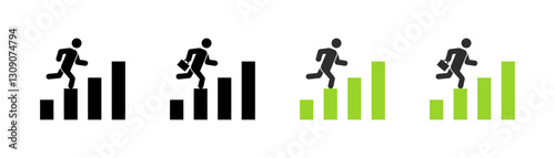 Silhouette icons of person climbing bar graph with briefcase in black and green. Vector icon