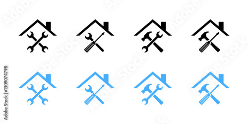Black and blue house repair icons with tools for construction and maintenance. Vector icon