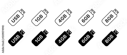 Illustration of various usb drive capacities in black and white design. Vector icon
