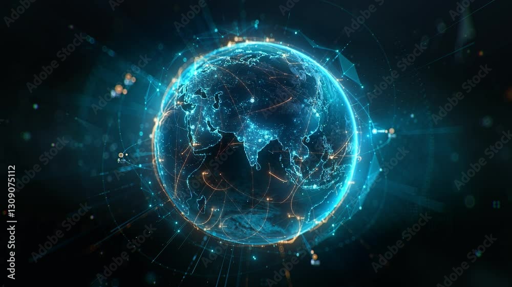Futuristic digital globe of Earth with glowing data points network connections on a dark background. Worldwide links on planet earth at night. Concept of World communication technology. 3d animation