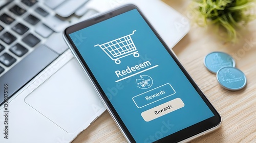 Close up view of a smartphone screen displaying a customer s loyalty points balance along with a prominent  Redeem Rewards  button photo