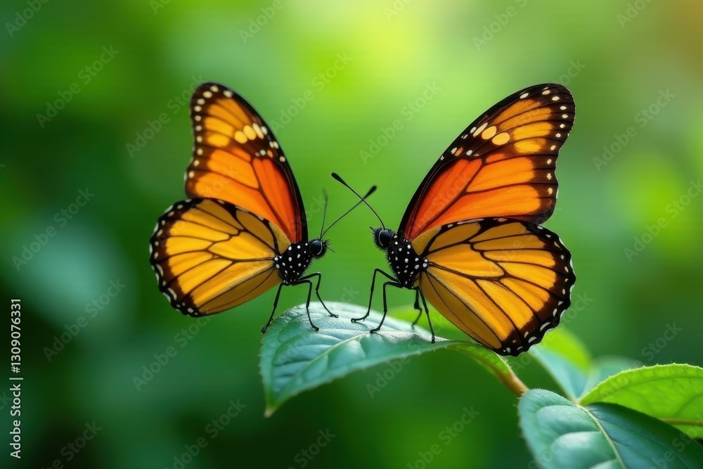 Fototapeta premium A Pair of Vibrant Orange Butterflies Gracefully Perched on a Lush Green Leaf in a Serene Natural Setting