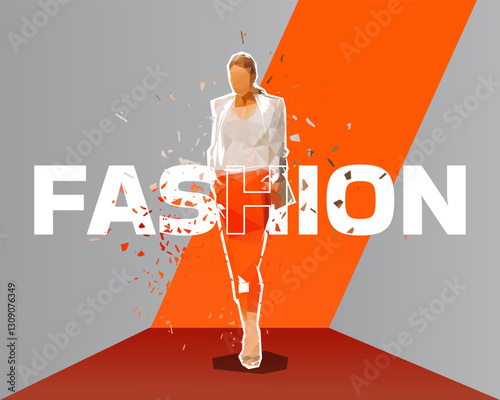 Fashion graphic design, low polygonal fashion female model caltwalk on stage. Web banner