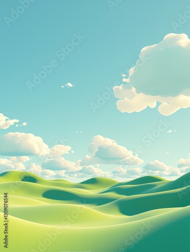 The image shows grassy hills beneath a bright blue sky