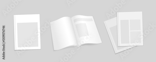 Vector set mockups of magazine on a gray background. Magazine, open magazine, 2 magazines templates.	
