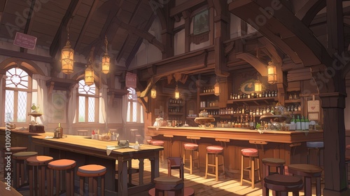 Cozy Tavern Interior with Warm Light and Rustic Atmosphere