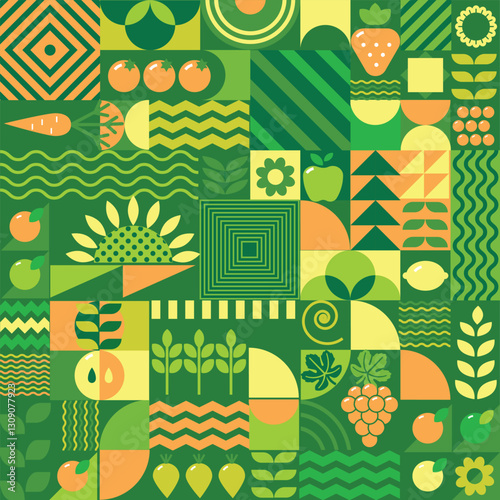 A modern geometric background featuring abstract minimalist symbols of organic plants and fruits.