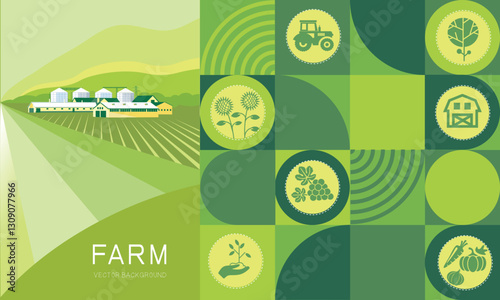 Natural banner design featuring agricultural icons of farm products.