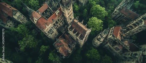 Aerial view of a majestic castle nestled within a lush green forest.  Ancient stone walls and red tile roofs contrast beautifully with the vibrant foliage.