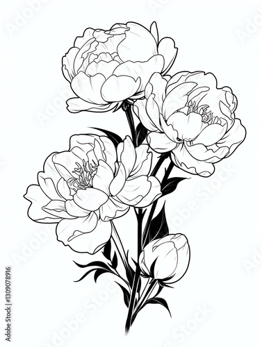 Bouquet peonies simple yet detailed line art style