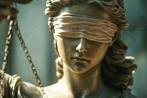 A detailed view of Lady Justice, blindfolded and holding her scales, represents the ideals of justice and equality. The texture and craftsmanship highlight her significance in legal symbolism