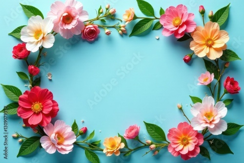 Floral Frame with Delicate Blooms and Vibrant Hues on a Light Blue Background