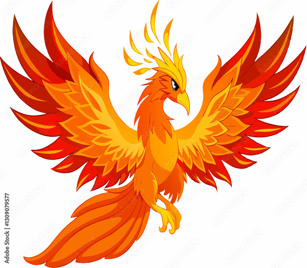 Obraz premium Majestic Burning Phoenix with Fiery Orange Flames – Isolated on White Background.