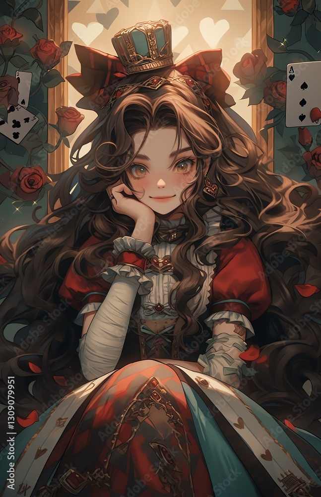 Confident Woman with Red Bow and Playing Cards Illustration