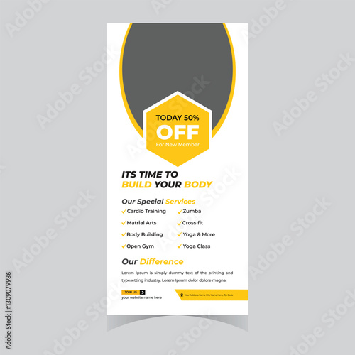 Gym and fitness workout Fitness rack card dl flyer template bodybuilding sport athletic poster brochure banner elegant 