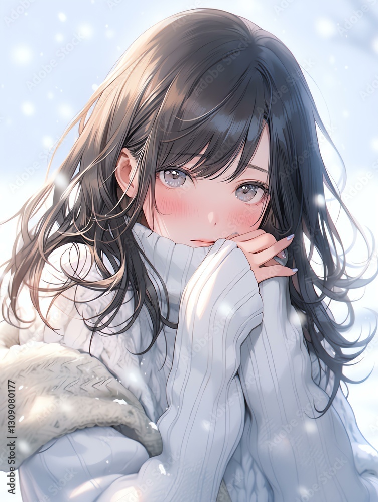 Shy Anime Girl Snowy Landscape