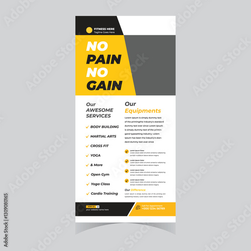 Gym and fitness workout Fitness rack card dl flyer template bodybuilding sport athletic poster brochure banner elegant 